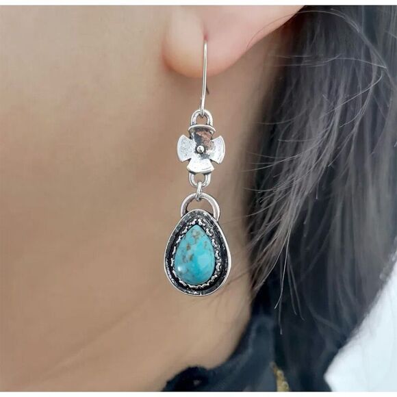 Boho Faux Turquoise Teardrop Long Dangle Earrings Floral Silver Tone Pierced - Picture 2 of 10